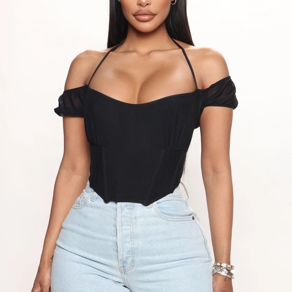 Fashion Nova NWOT Black Off Shoulder Corset Mesh Top - SMALL